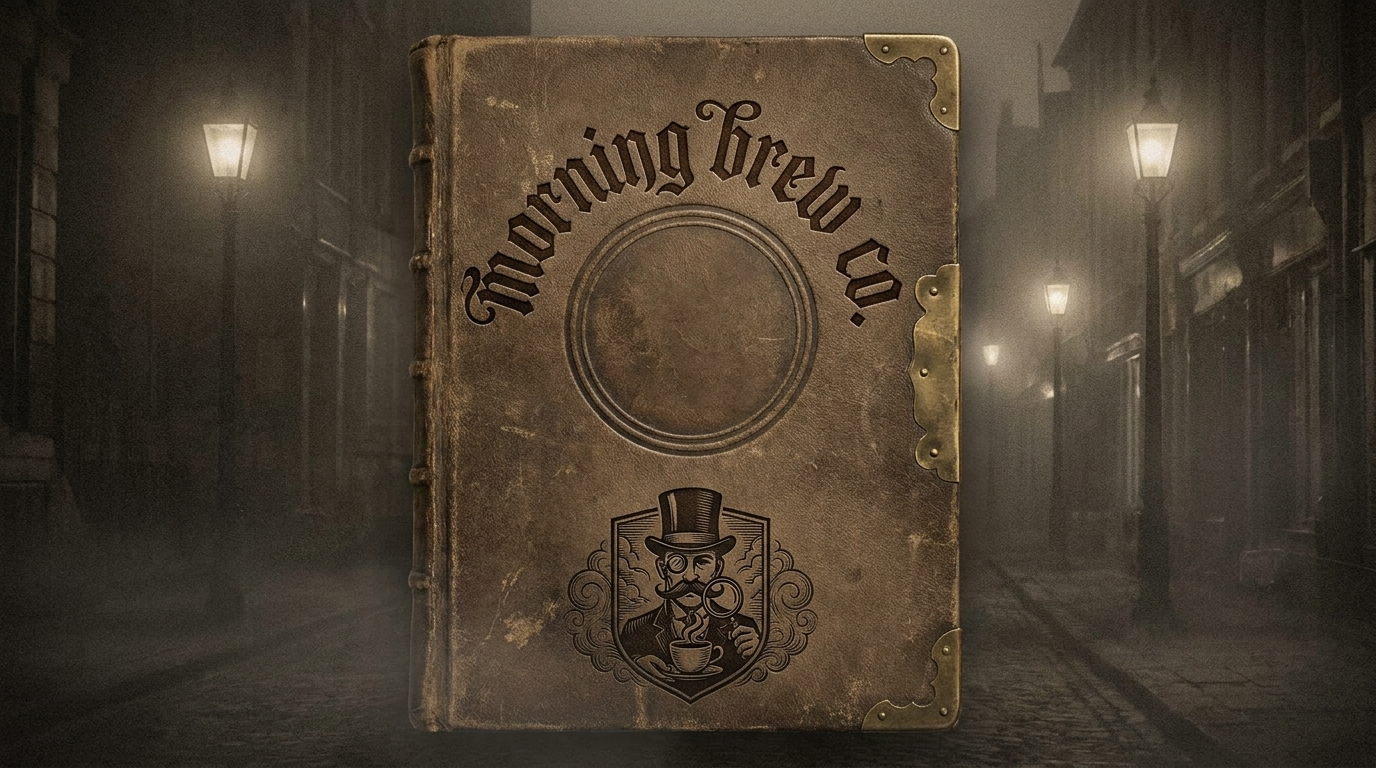 A leather bound Morning Brew Co case ledger with brass corners, embossed with the arced wordmark and the top hat gentleman crest, resting in a foggy gaslit street