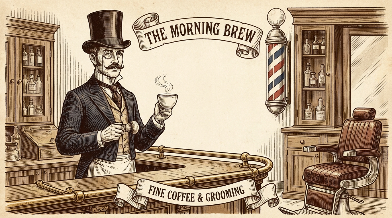 Engraving of the Morning Brew Co gentleman in top hat and monocle, raising a steaming cup behind a brass barbershop counter, with a barber pole and leather chair beside him