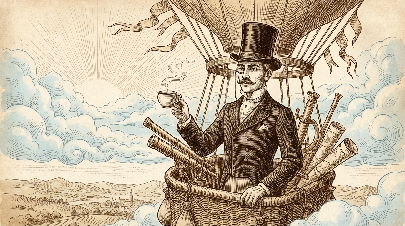 Engraved illustration of the Morning Brew gentleman, top hat and monocle, raising a steaming cup from the basket of a hot air balloon above rolling Tennessee hills