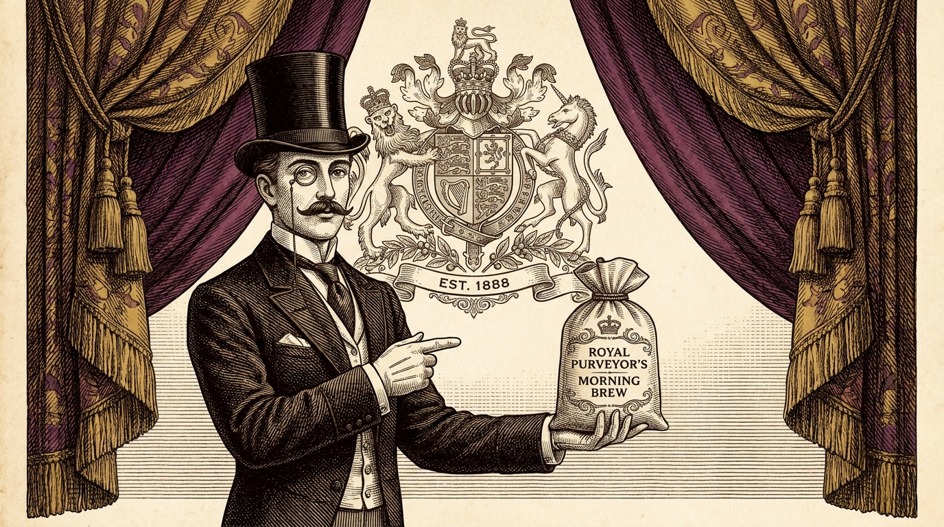 Engraving of the Morning Brew gentleman in top hat and monocle, presenting a sack of Royal Purveyor's Morning Brew before a heraldic crest and drawn curtains
