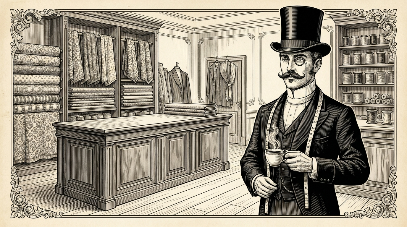 An engraved illustration of the Morning Brew Co gentleman, in top hat and monocle, standing in his tailor's atelier with a measuring tape over his shoulders and a steaming cup of coffee in hand
