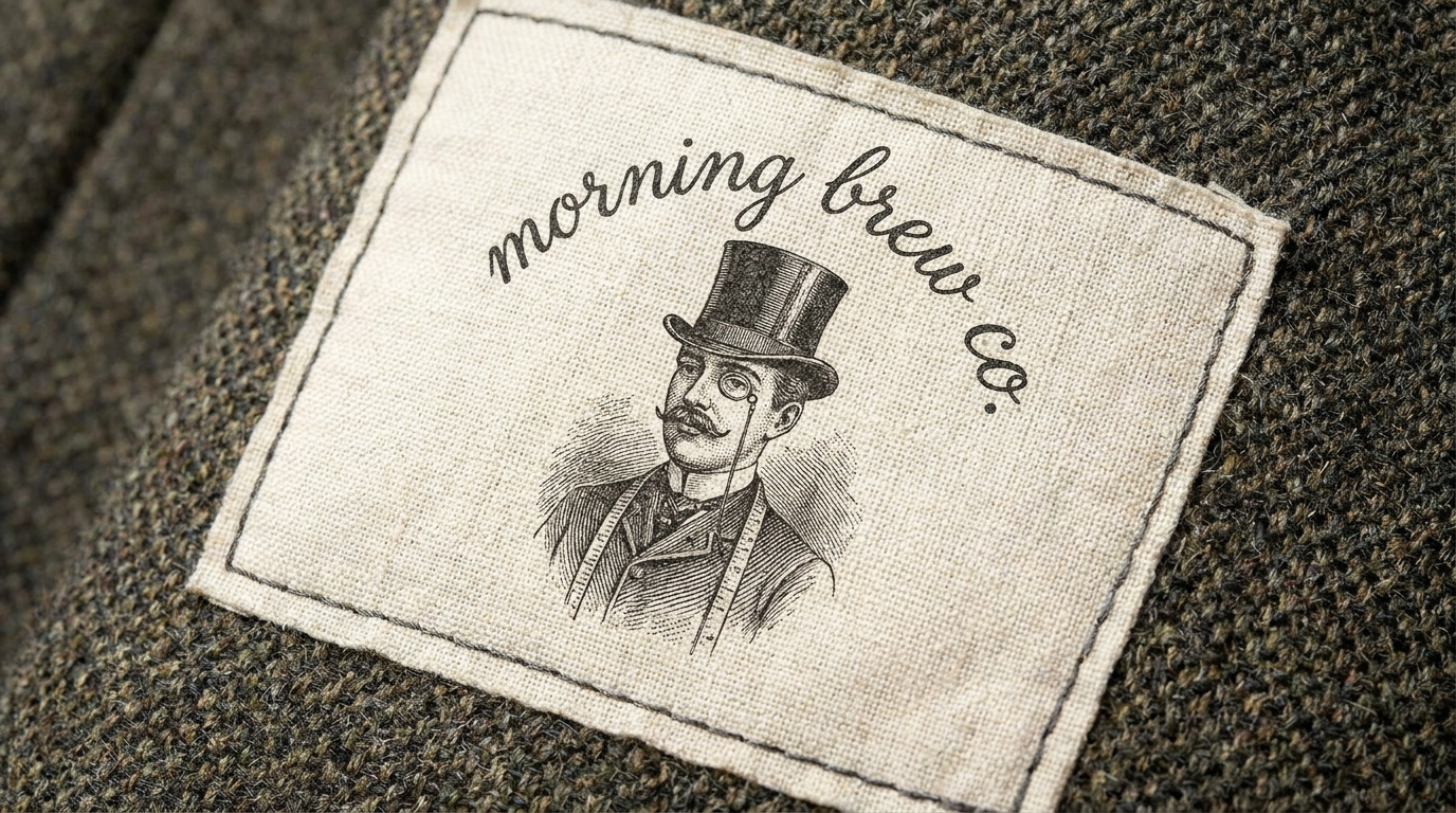 The Morning Brew Co label stitched into dark tweed: the arced script wordmark above an engraving of the top hat gentleman with his monocle and moustache