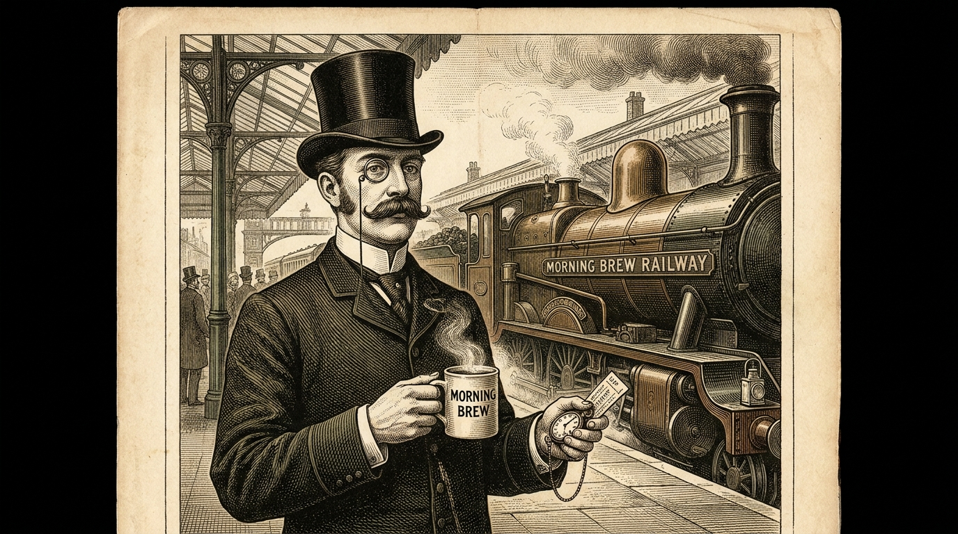 Engraving of the Morning Brew gentleman, top hat and monocle, holding a steaming Morning Brew mug and a pocket watch beside a steam locomotive marked Morning Brew Railway