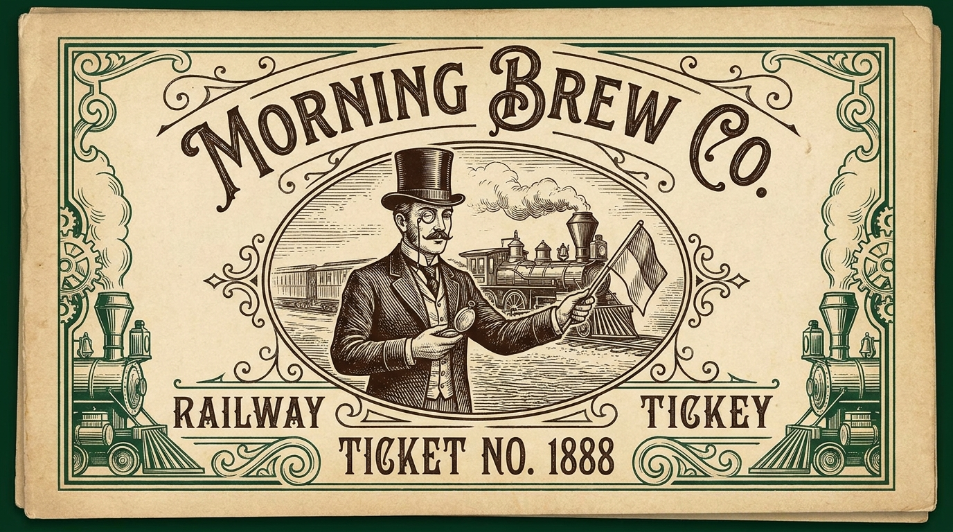 Morning Brew Co. arced wordmark over an engraved vignette of the top-hat gentleman flagging down a steam locomotive, styled as a vintage railway ticket