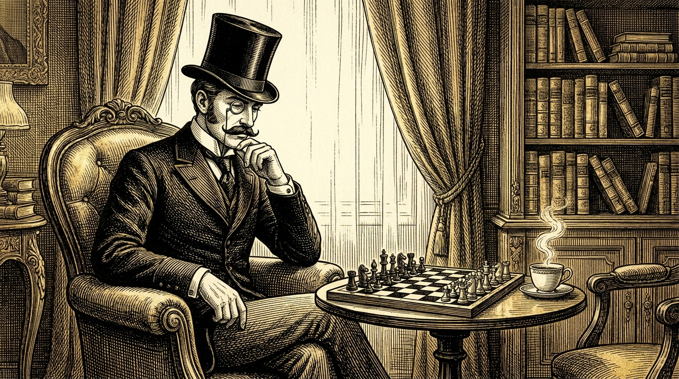 Sepia engraving of the Morning Brew Co. gentleman in top hat and monocle, contemplating a chess board beside a steaming cup of coffee