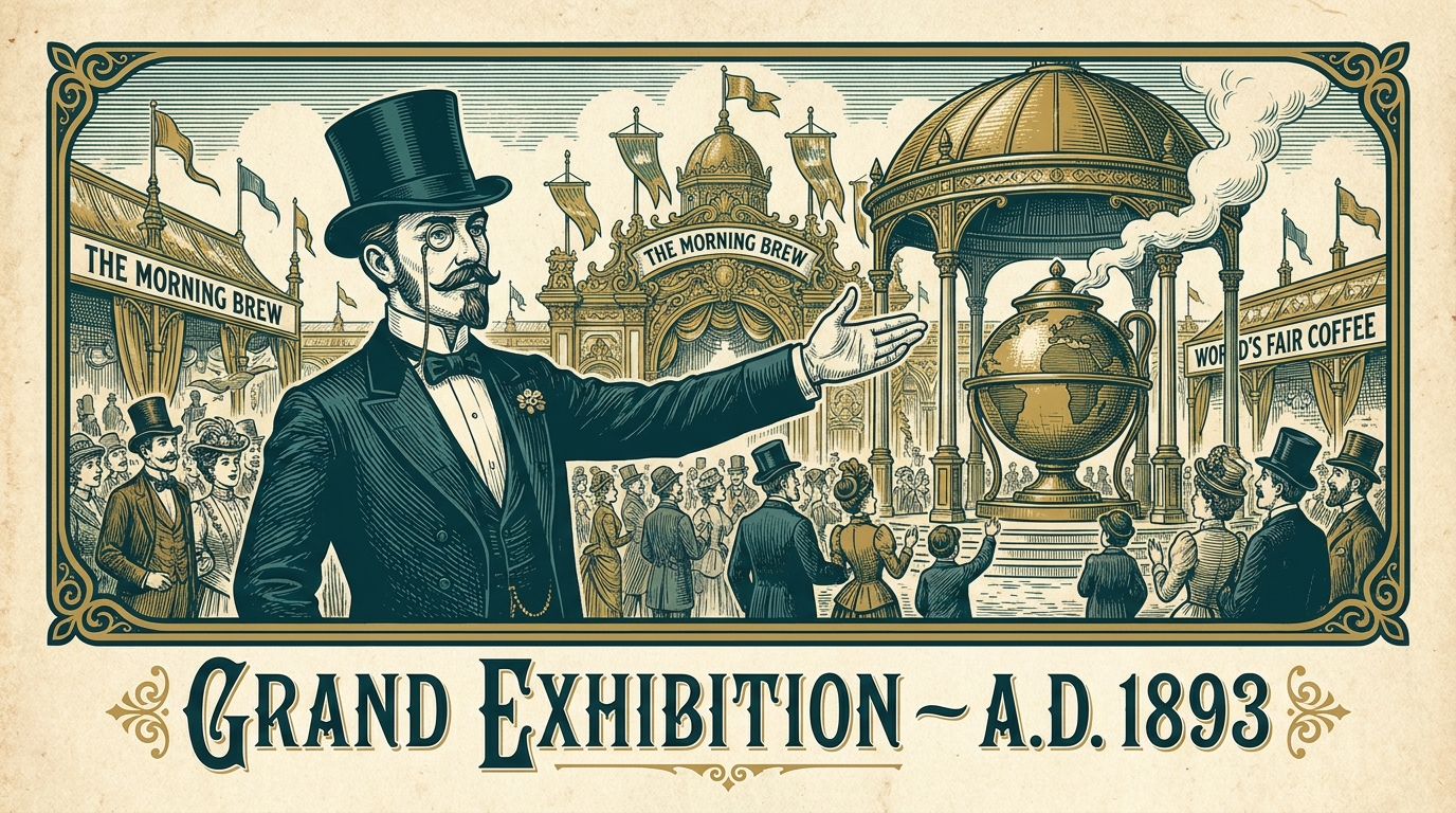 Engraved poster of the Morning Brew gentleman in top hat and tailcoat presenting a grand exhibition pavilion with a giant steaming coffee urn, crowds and banners all around