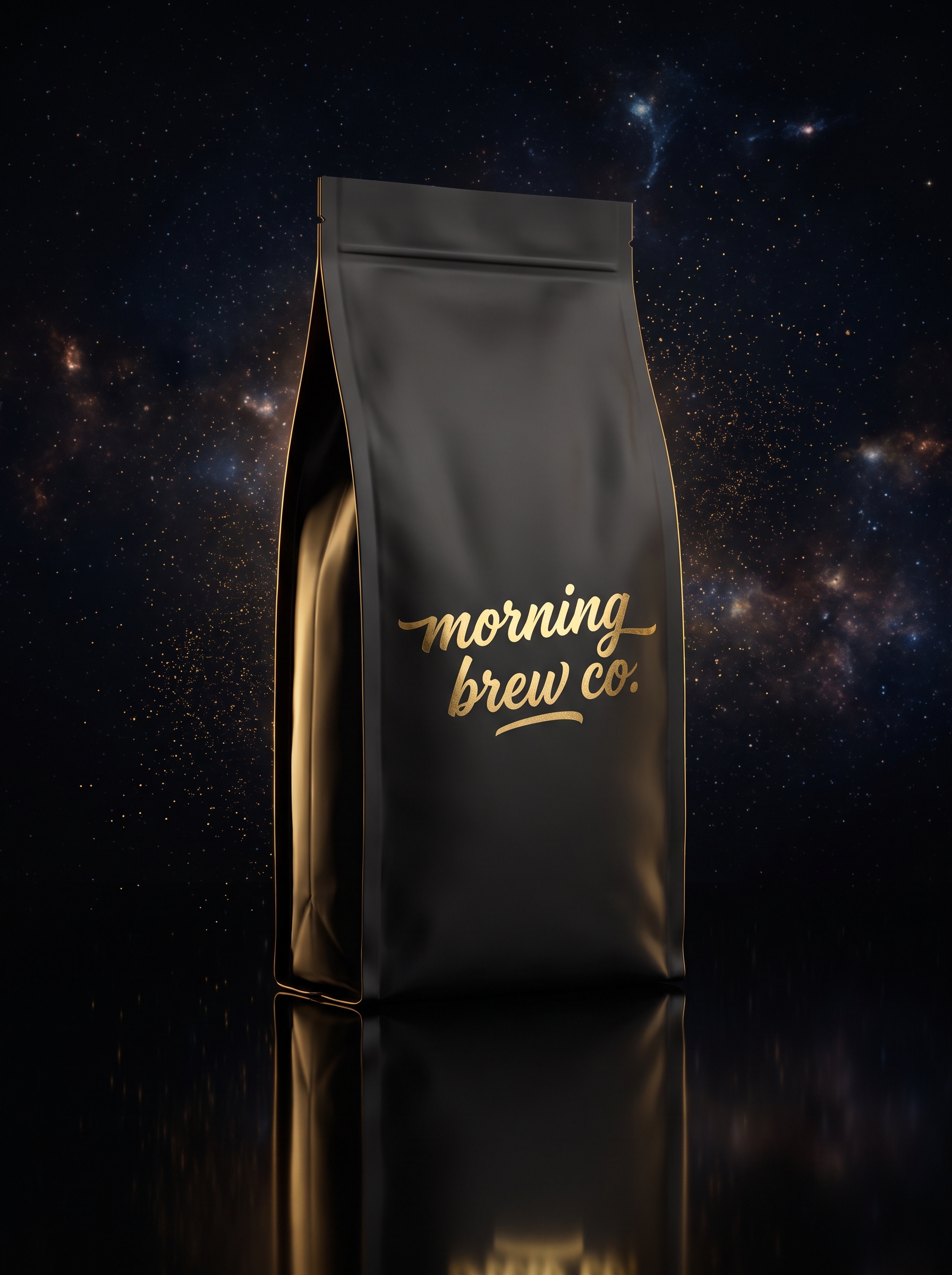 Matte black Morning Brew Co House Blend bag with gold foil wordmark