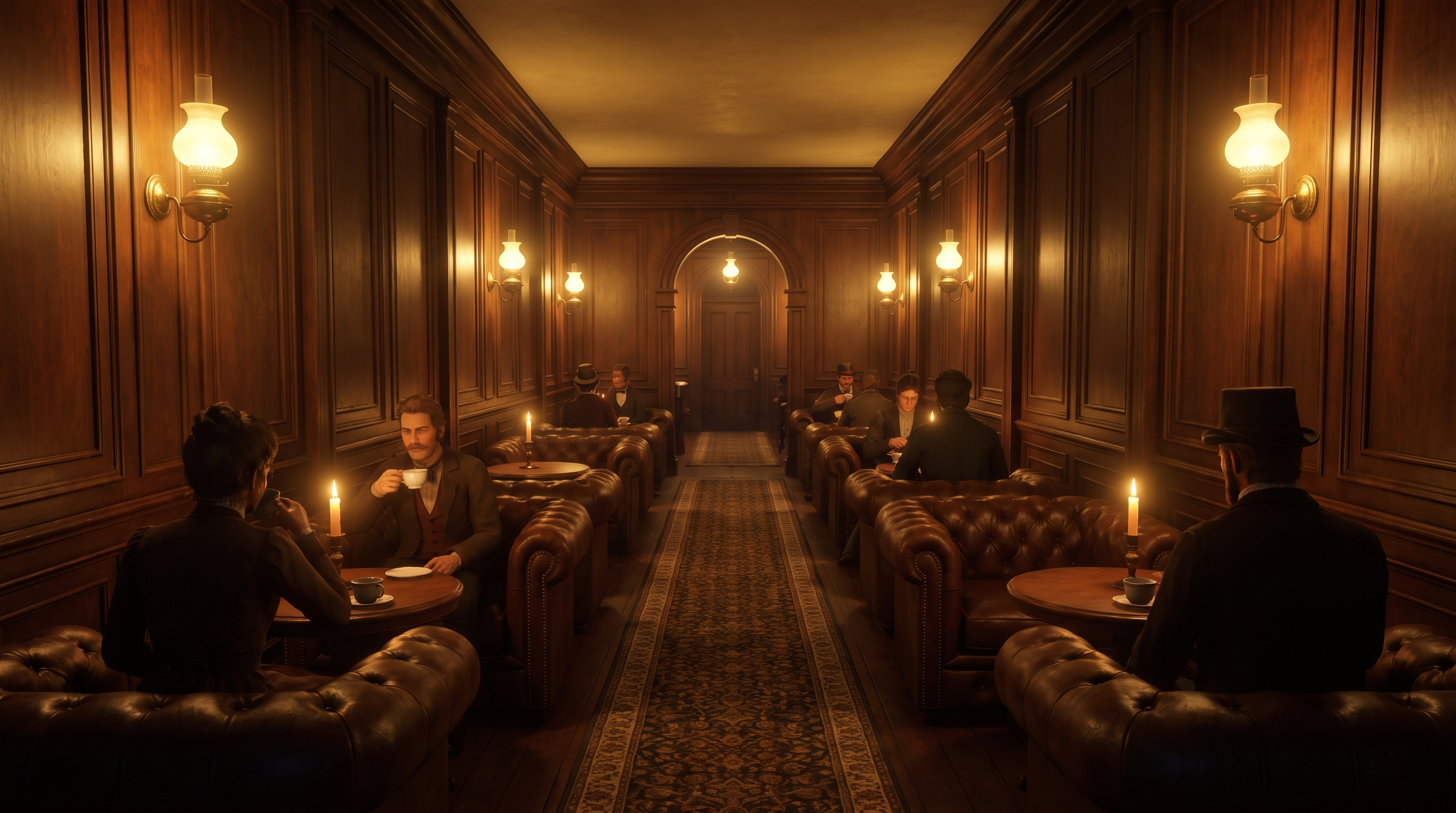 A candlelit wood panelled parlor with leather chesterfields and guests over coffee