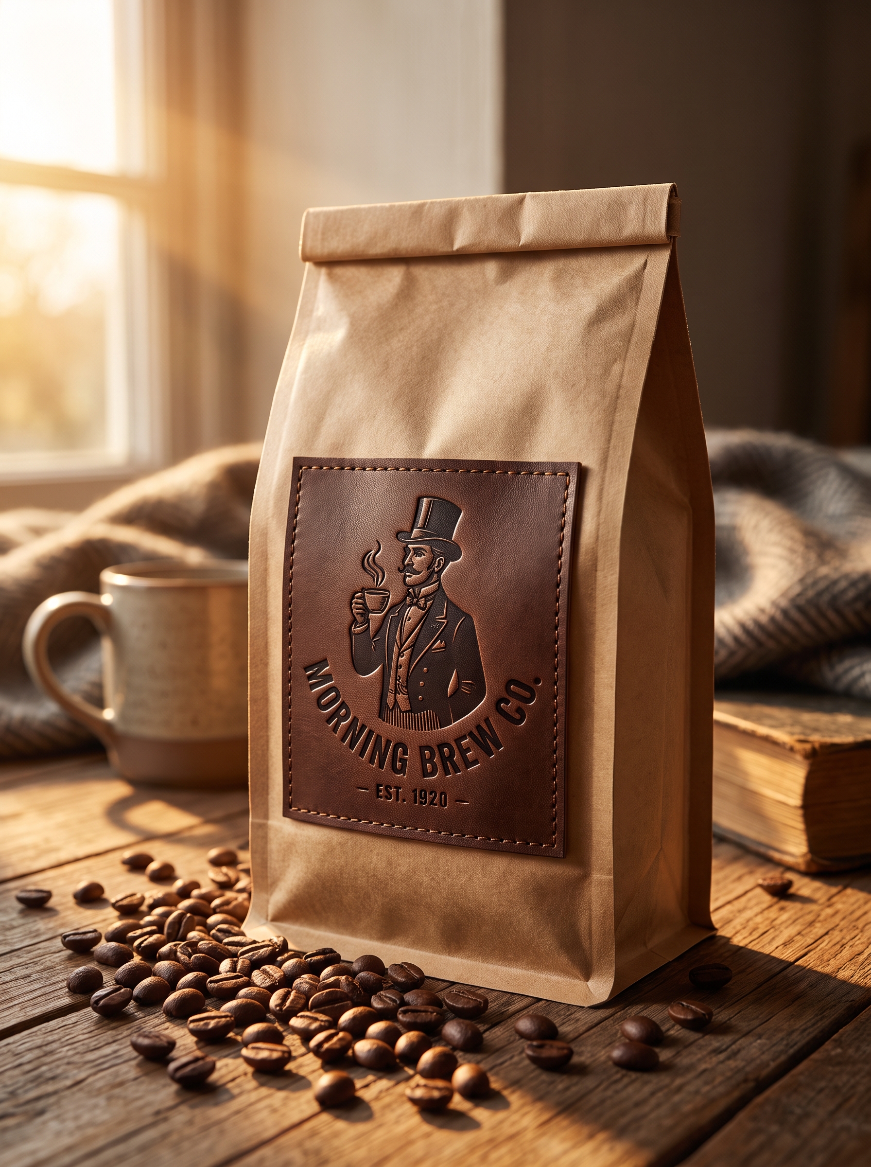 Morning Brew Co House Blend, a cream and oxblood coffee bag with the gentleman mark
