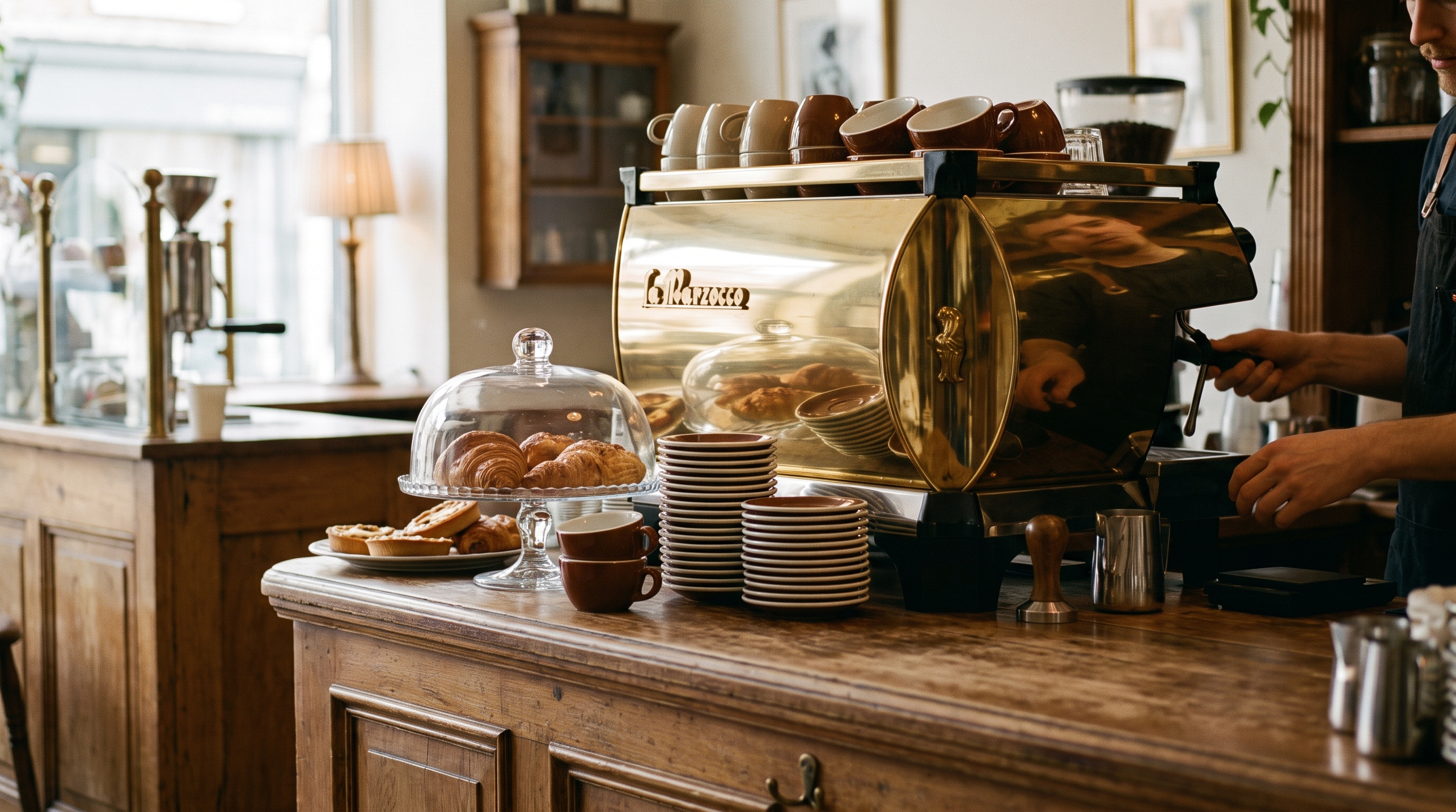 The counter, brass espresso machine and marble top