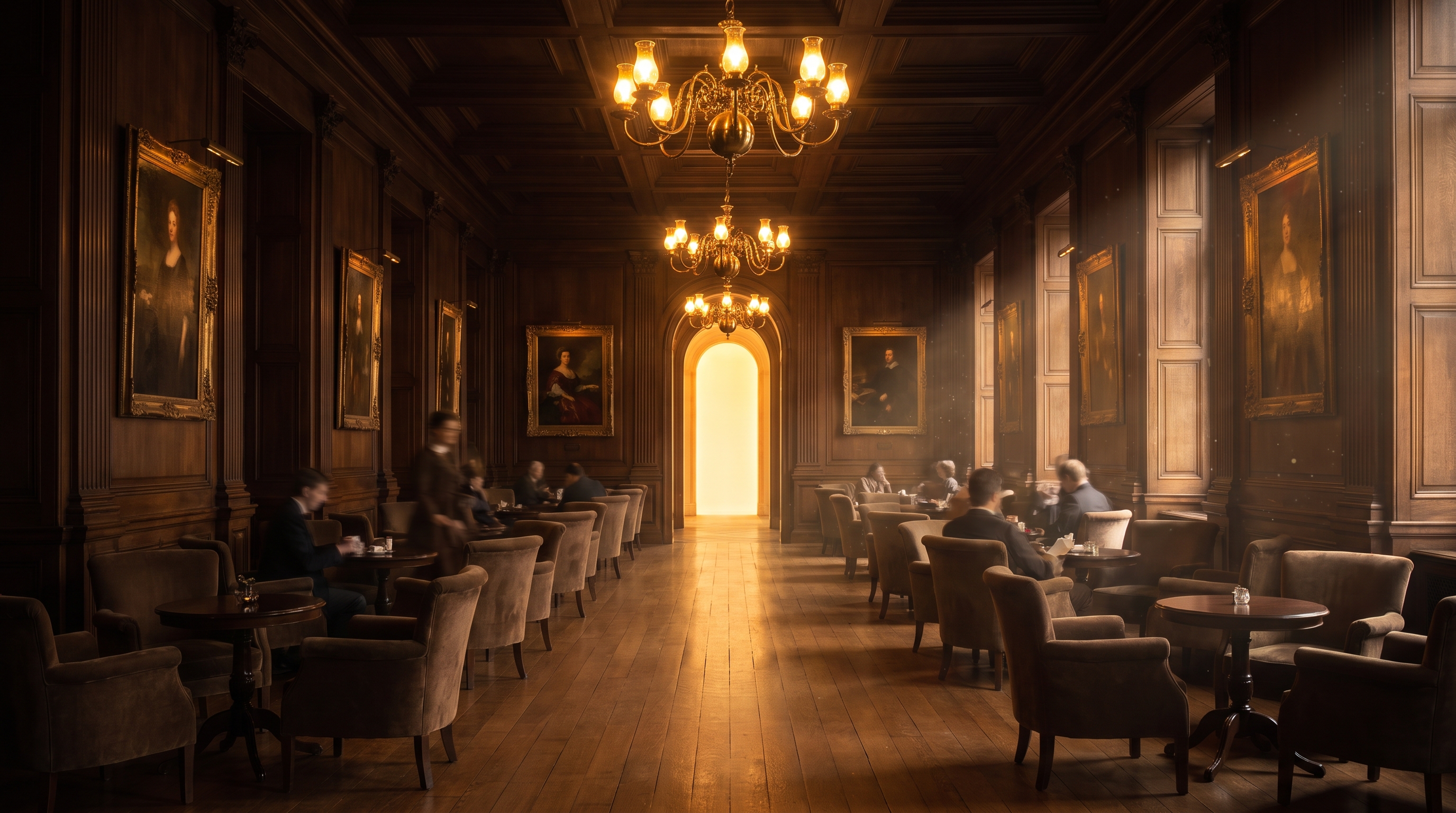 The grand hall of Morning Brew Co, a warm corridor of chandeliers leading to a glowing doorway