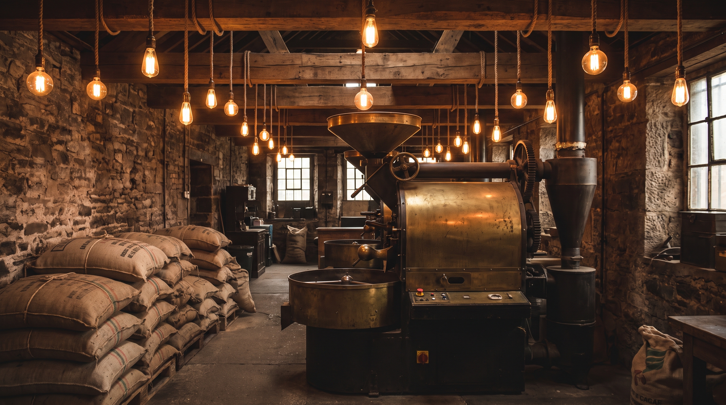The roastery, copper drum roaster and burlap sacks