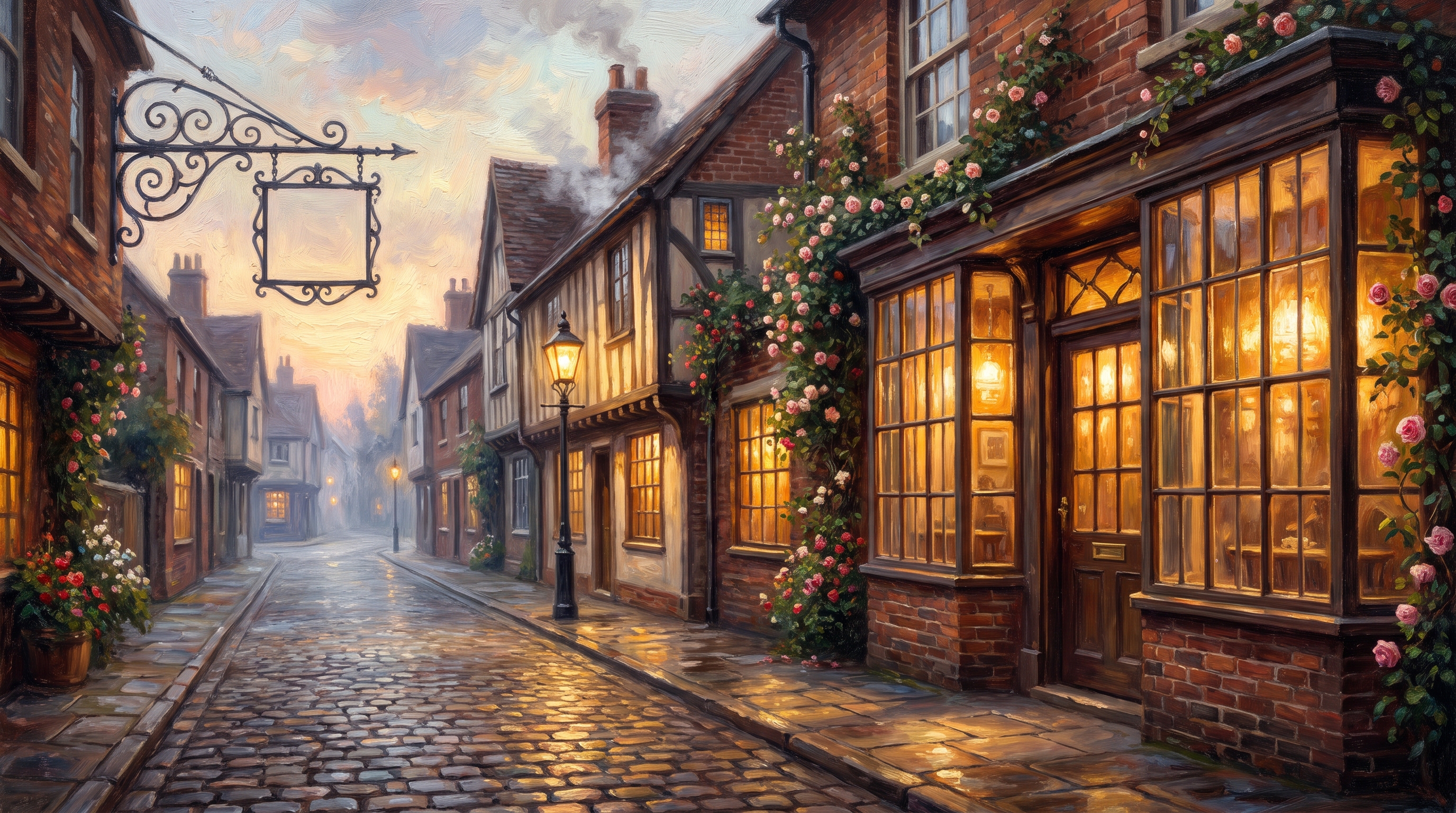 The lamplit storefront of Morning Brew Co at dusk