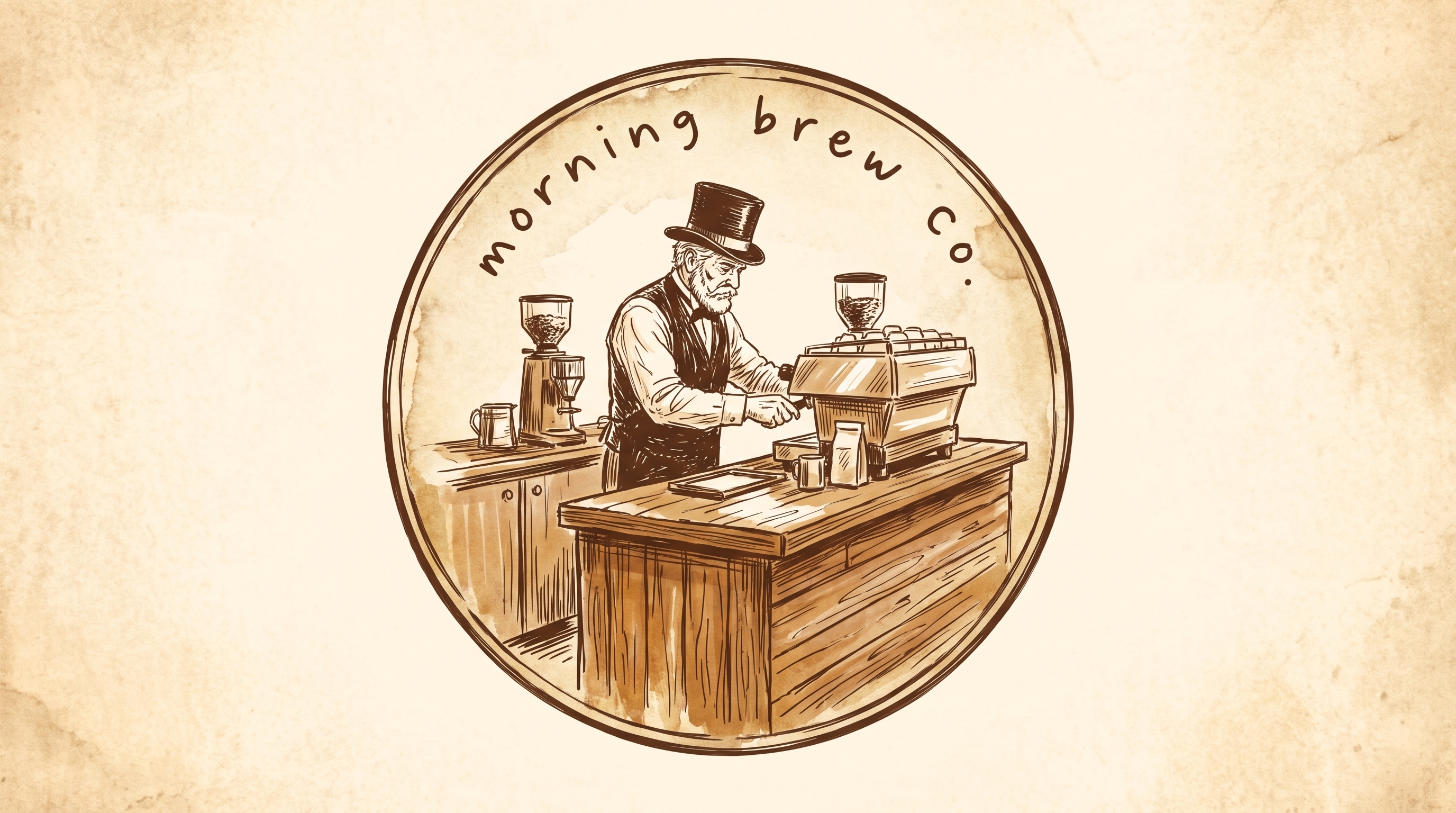 Framed brand portrait: the Morning Brew Co gentleman in his top hat, rendered in the house palette