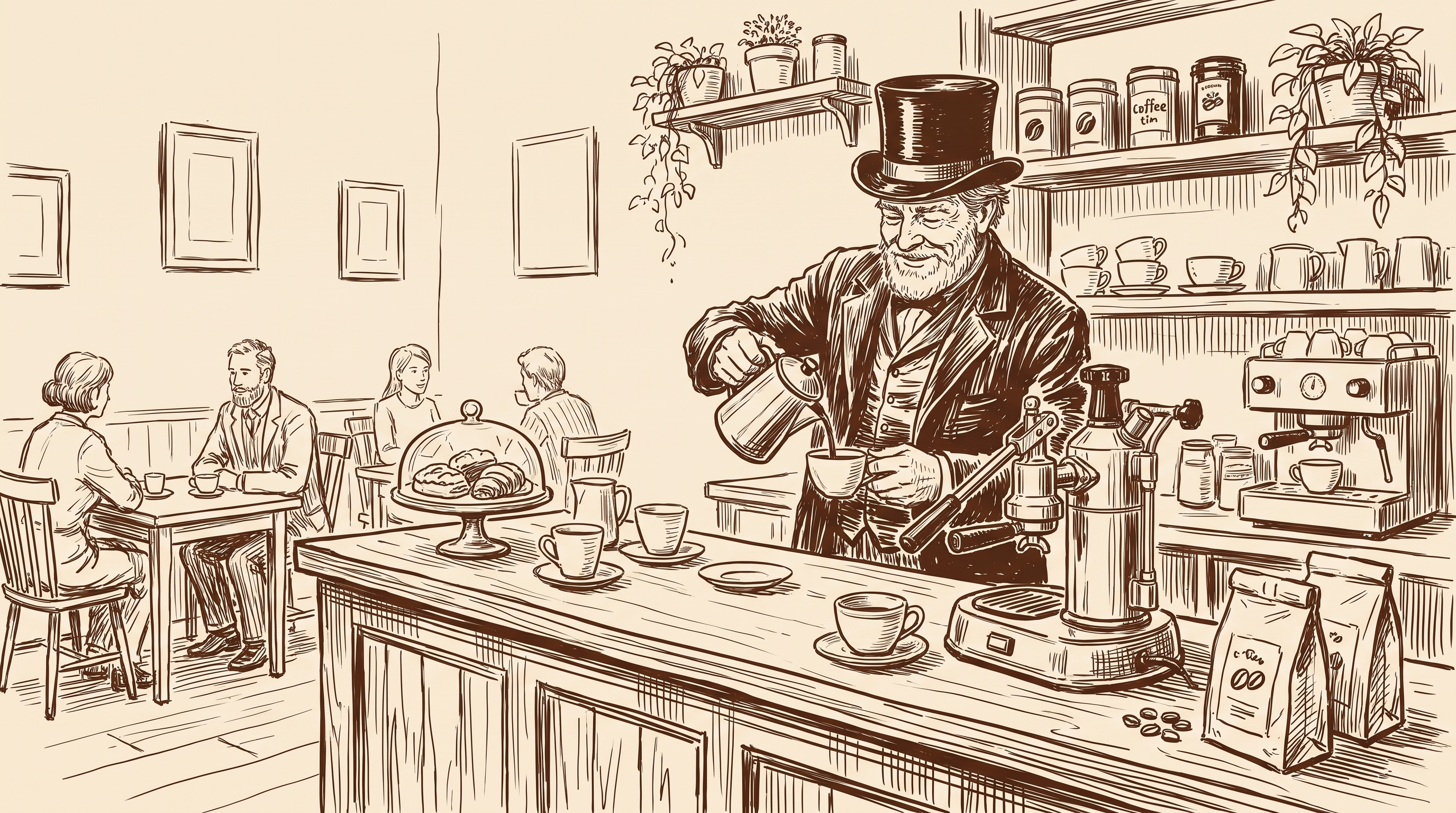 Ink sketch of the Morning Brew Co counter with the gentleman at work