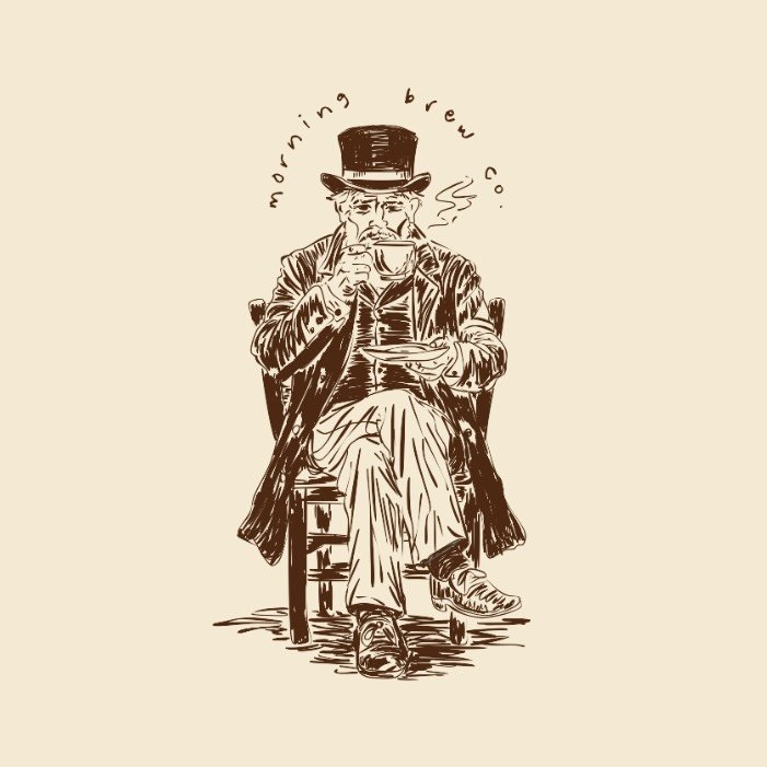 Morning Brew Co. The seated top hat gentleman emblem.