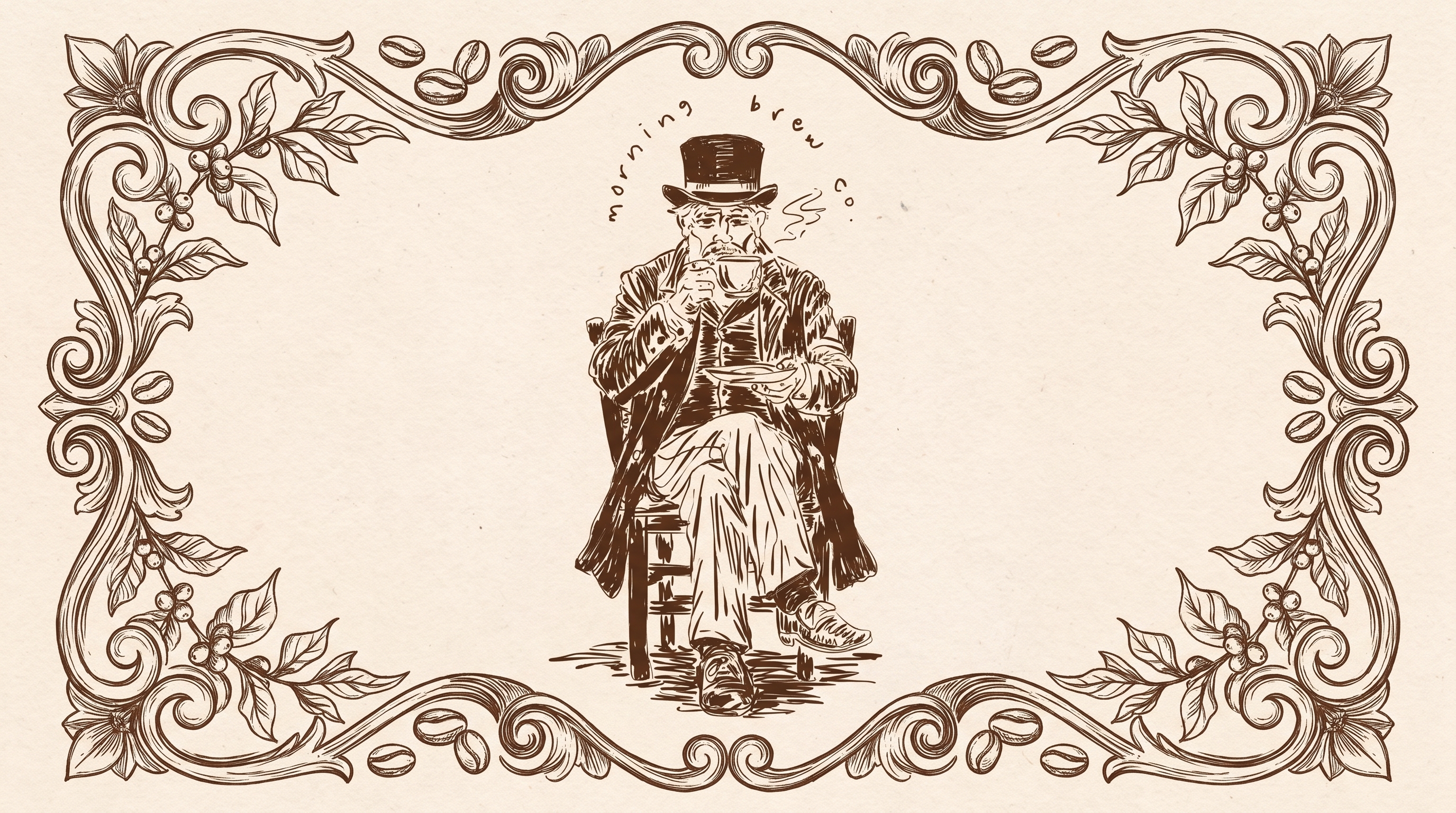 Branded portrait plate of the Morning Brew gentleman, ink on cream, with the Morning Brew Co lockup.