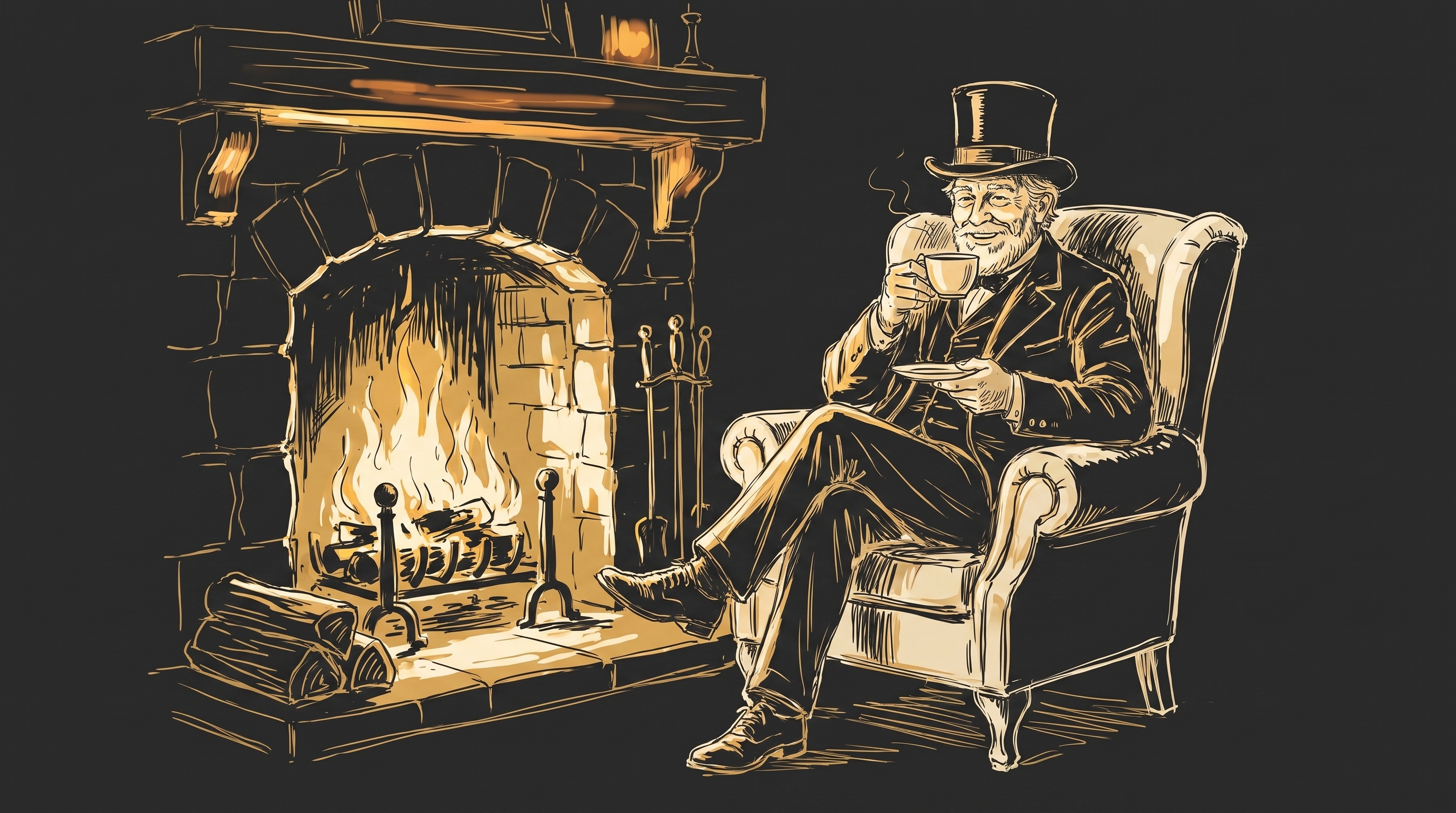 Ink sketch of the gentleman relaxing in the cafe lounge with his cup
