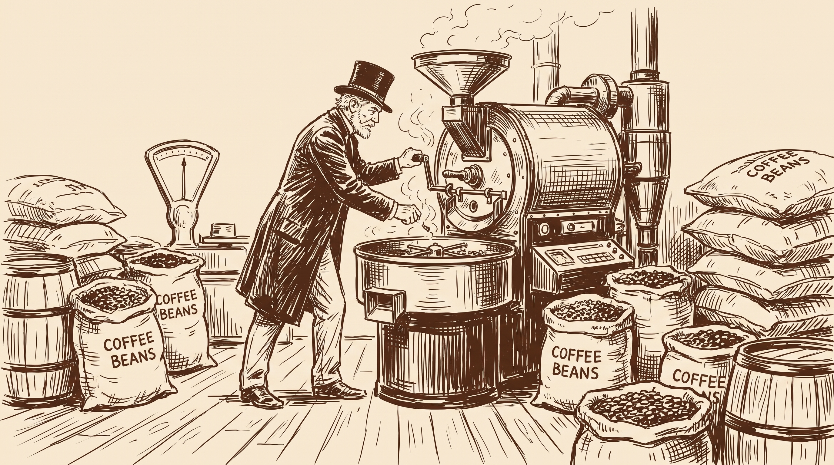 Ink sketch of the gentleman tending the coffee roaster among bean sacks