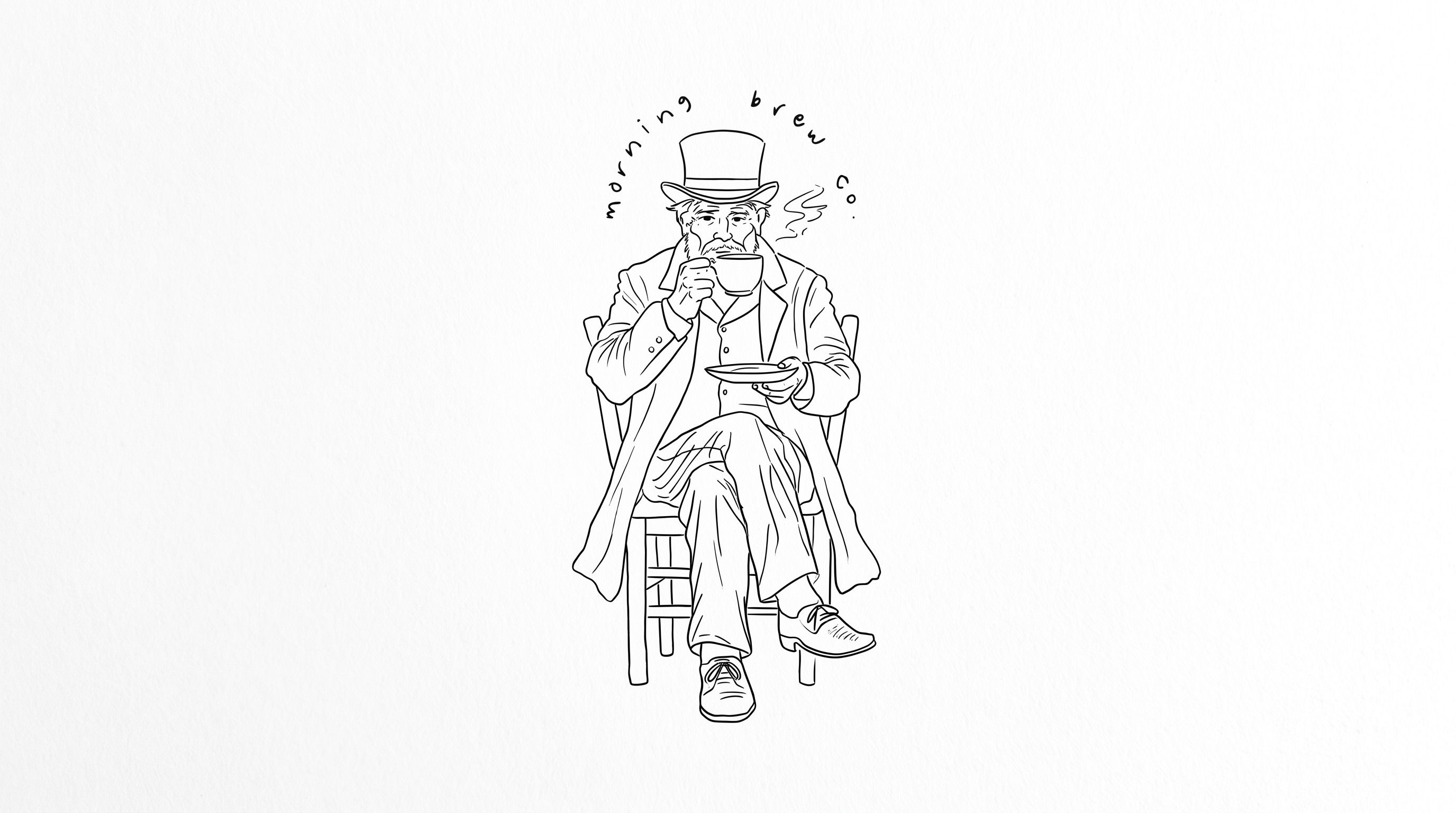 A distinguished gentleman in a top hat, drawn in loose brown ink, raising a cup beneath the Morning Brew Co wordmark