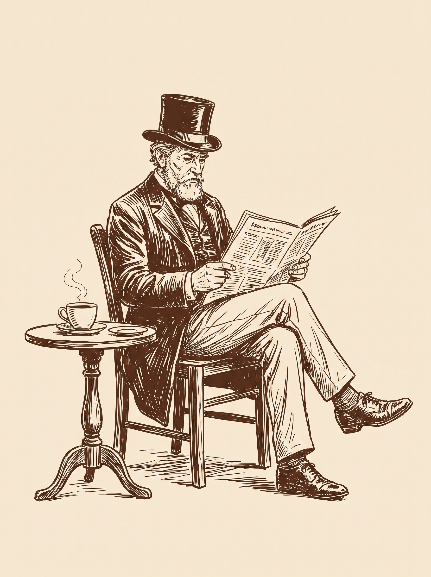 The Morning Brew Co gentleman in his top hat, seated in an armchair reading with his evening cup, sketched in loose brown ink on cream.