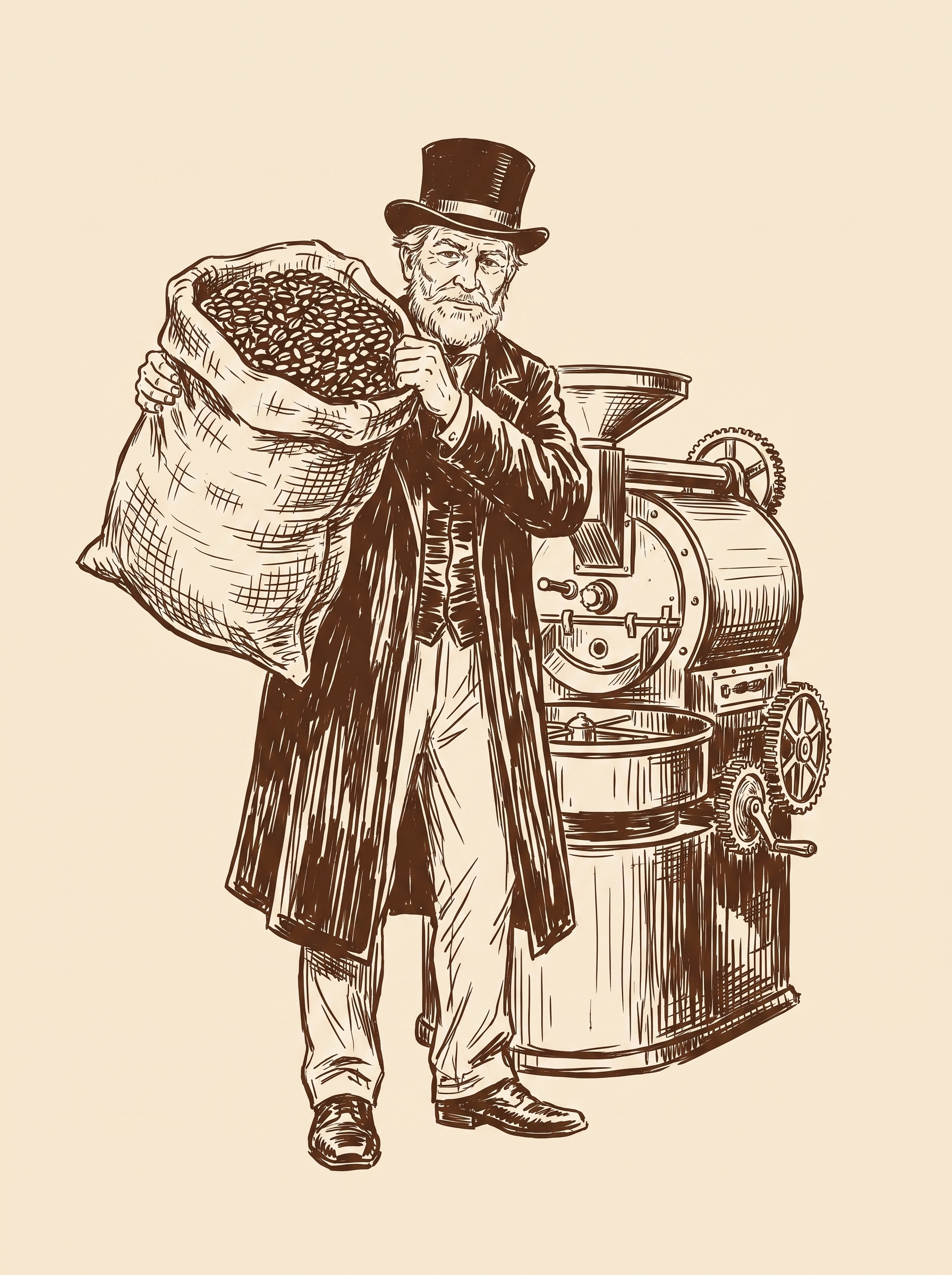 The gentleman beside a burlap sack of coffee beans at the roaster, brown ink sketch.