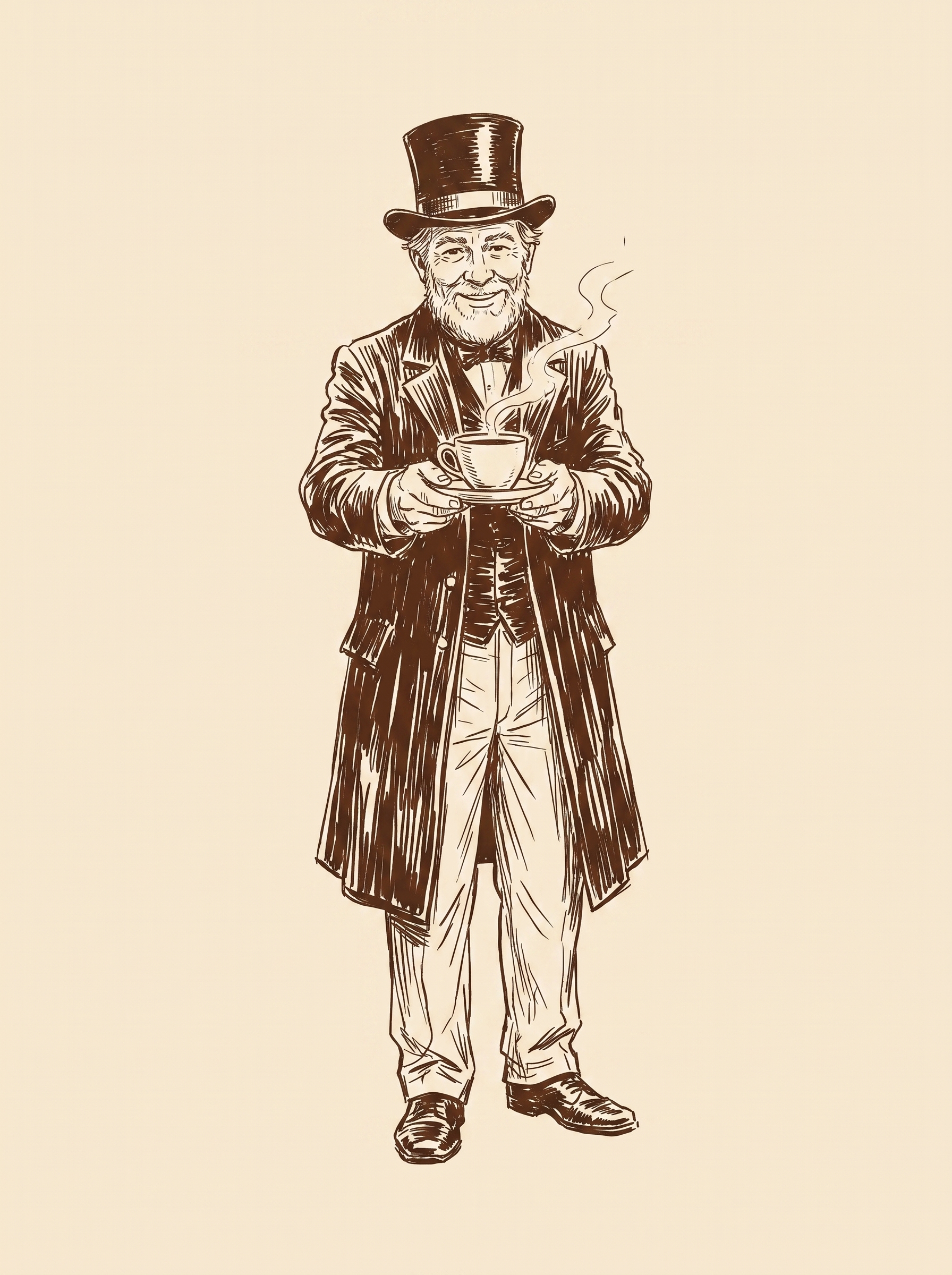 The gentleman offering a cup on a saucer with a gracious bow, brown ink sketch.