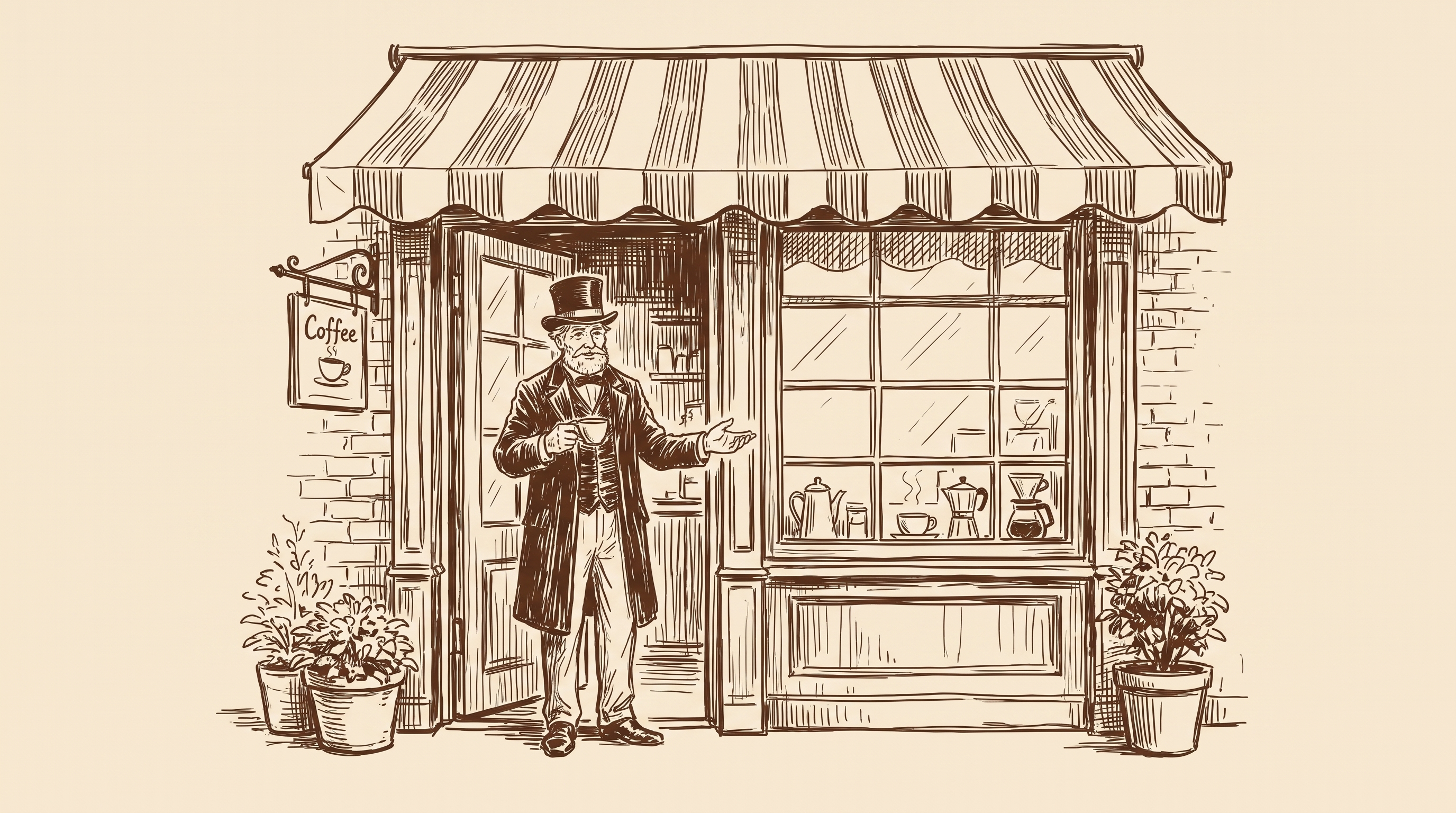 The Morning Brew Co storefront in Cambridge Square, sketched in brown ink, the gentleman at the door.
